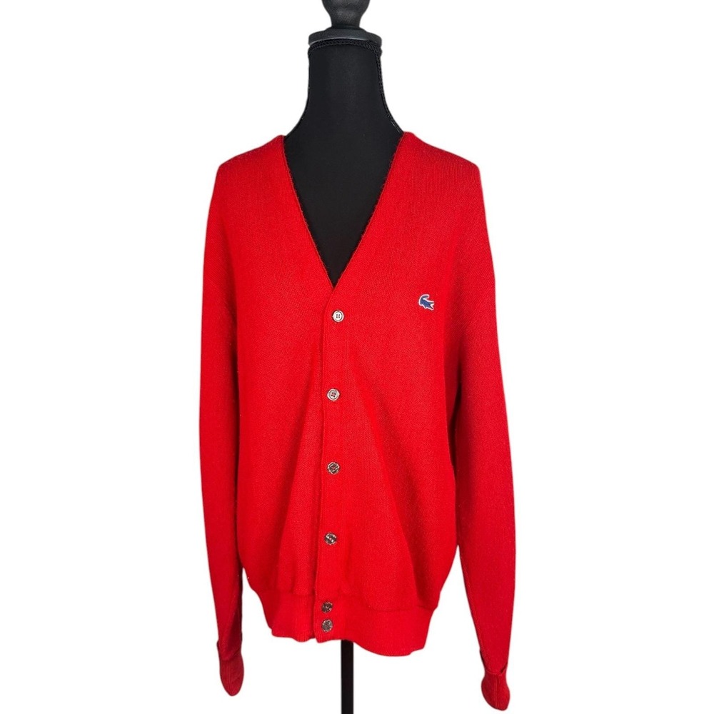 Vintage Izod Lacoste Red Cardigan Sweater Mens V-Neck Button Front 70s 80s